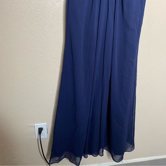 Davids Bridal faux wrap pleated chiffon maxi v neck dress marine navy - Picture 9 of 14